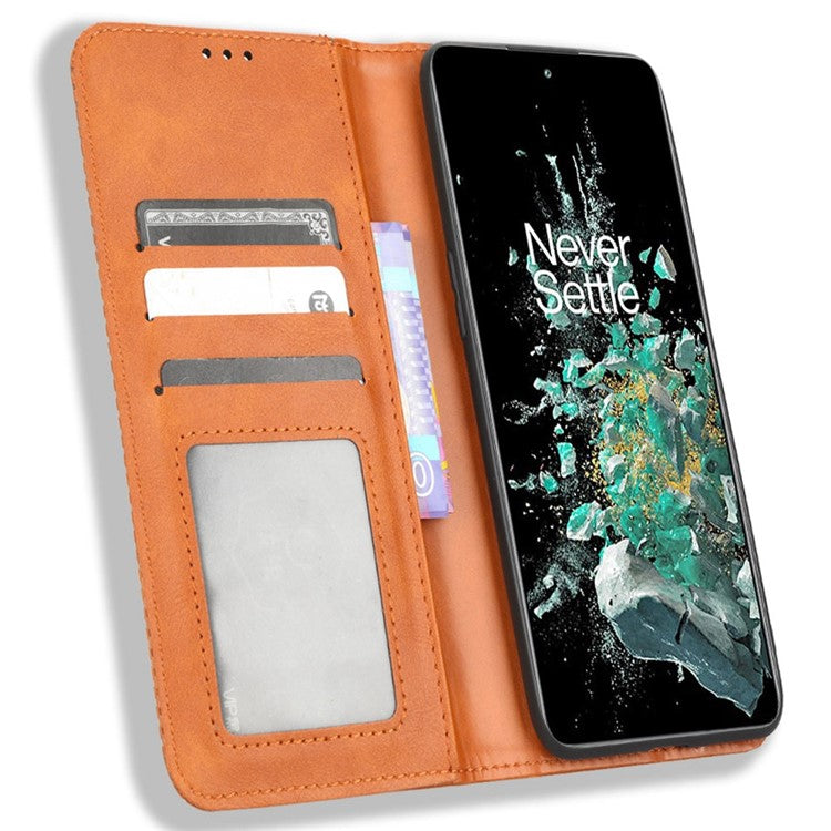 For OnePlus 10T 5G / Ace Pro 5G Magnetic Auto Closing Wallet Feature Case Retro Imprint Pattern PU Leather Stand Protective Shell - Brown