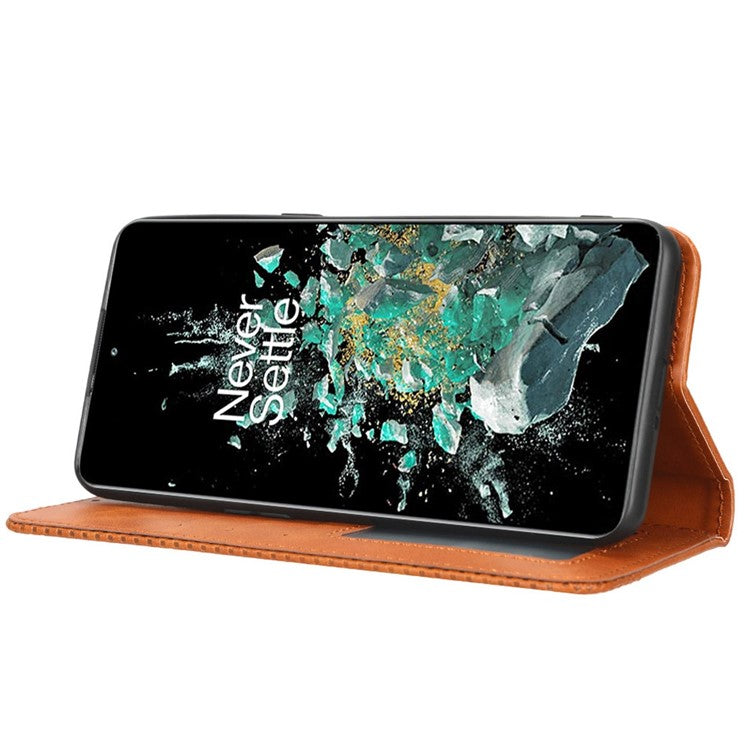 For OnePlus 10T 5G / Ace Pro 5G Magnetic Auto Closing Wallet Feature Case Retro Imprint Pattern PU Leather Stand Protective Shell - Brown