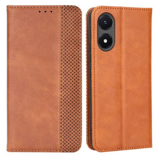 For vivo Y02s 4G Shockproof Flip Wallet Case Magnetic Auto Closing Retro Imprint Pattern PU Leather Cover Stand - Brown