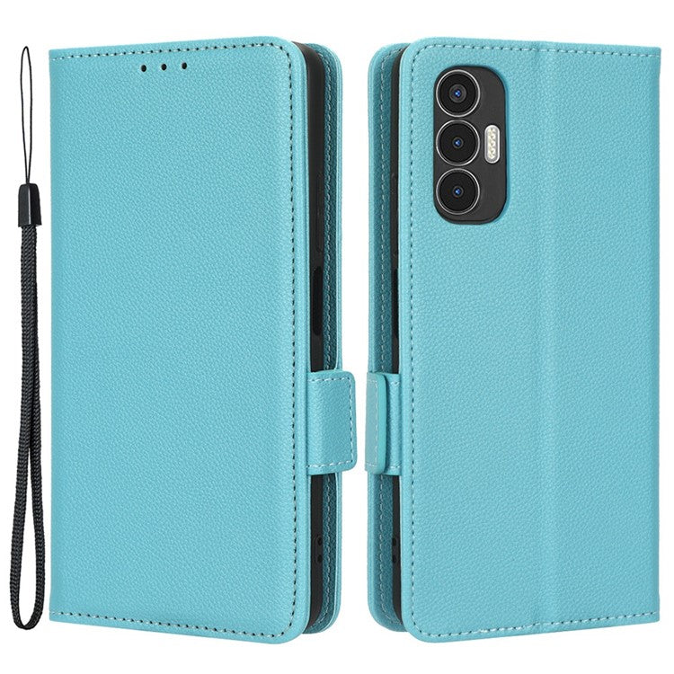 For TECNO Pova 3 4G LF7n Full Protection Litchi Texture Phone Cover PU Leather Dual Magnetic Clasp Wallet Stand Case - Baby Blue