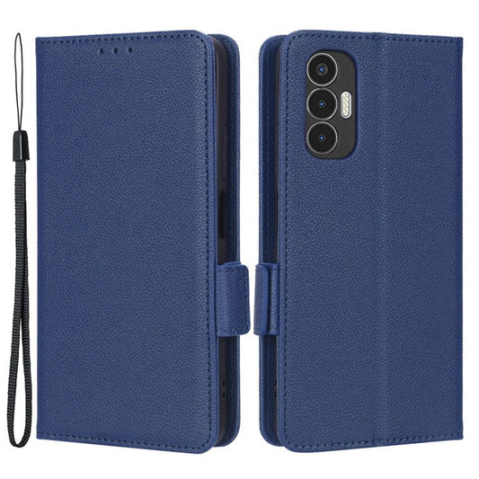 For TECNO Pova 3 4G LF7n Full Protection Litchi Texture Phone Cover PU Leather Dual Magnetic Clasp Wallet Stand Case - Dark Blue