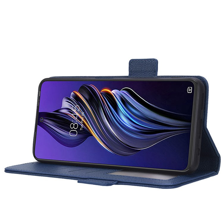 For TECNO Pova 3 4G LF7n Full Protection Litchi Texture Phone Cover PU Leather Dual Magnetic Clasp Wallet Stand Case - Dark Blue