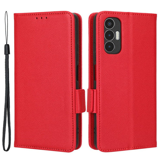For TECNO Pova 3 4G LF7n Full Protection Litchi Texture Phone Cover PU Leather Dual Magnetic Clasp Wallet Stand Case - Red