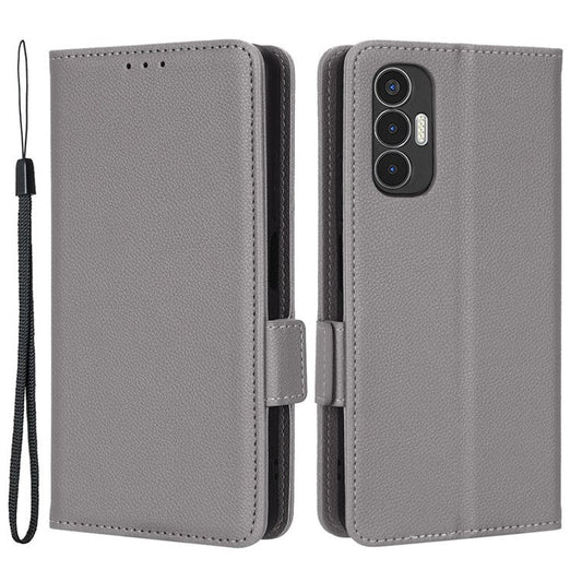 For TECNO Pova 3 4G LF7n Full Protection Litchi Texture Phone Cover PU Leather Dual Magnetic Clasp Wallet Stand Case - Grey