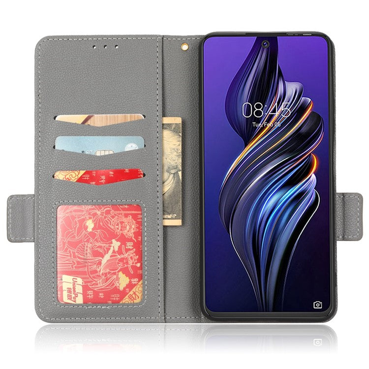 For TECNO Pova 3 4G LF7n Full Protection Litchi Texture Phone Cover PU Leather Dual Magnetic Clasp Wallet Stand Case - Grey