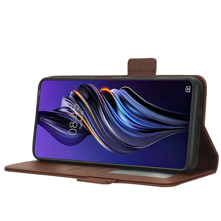For TECNO Pova 3 4G LF7n Full Protection Litchi Texture Phone Cover PU Leather Dual Magnetic Clasp Wallet Stand Case - Brown