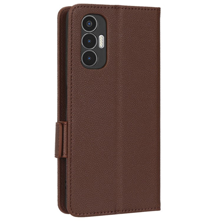 For TECNO Pova 3 4G LF7n Full Protection Litchi Texture Phone Cover PU Leather Dual Magnetic Clasp Wallet Stand Case - Brown