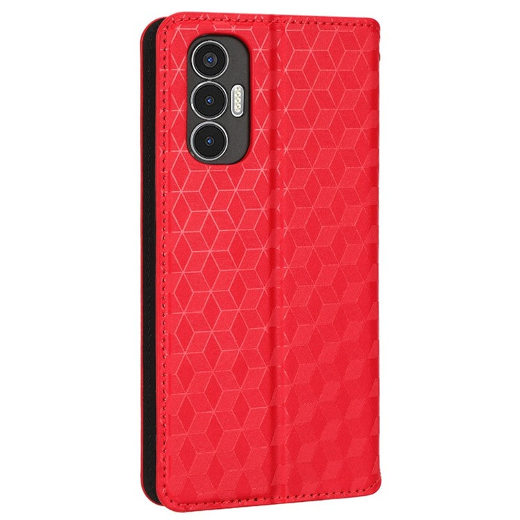 For TECNO Pova 3 4G LF7n Case Imprinting Rhombus Wallet PU Leather Stand Full Protection Phone Cover - Red