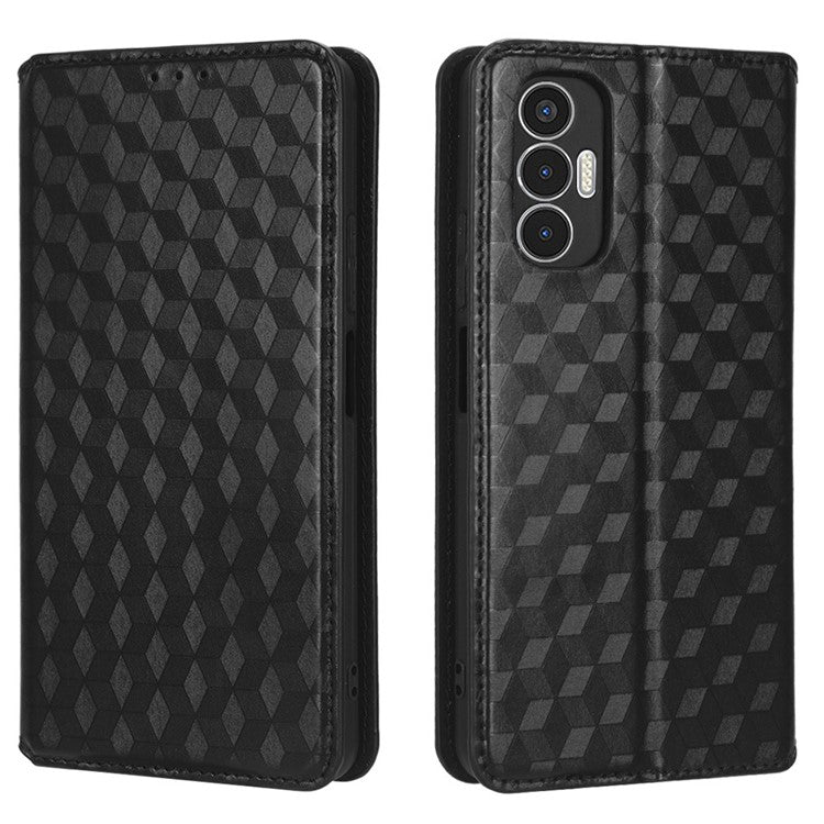 For TECNO Pova 3 4G LF7n Case Imprinting Rhombus Wallet PU Leather Stand Full Protection Phone Cover - Black