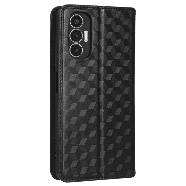For TECNO Pova 3 4G LF7n Case Imprinting Rhombus Wallet PU Leather Stand Full Protection Phone Cover - Black