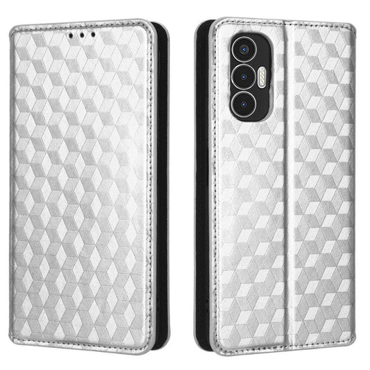 For TECNO Pova 3 4G LF7n Case Imprinting Rhombus Wallet PU Leather Stand Full Protection Phone Cover - Silver