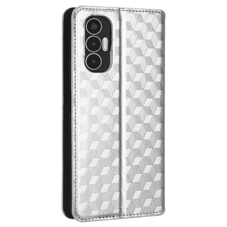 For TECNO Pova 3 4G LF7n Case Imprinting Rhombus Wallet PU Leather Stand Full Protection Phone Cover - Silver