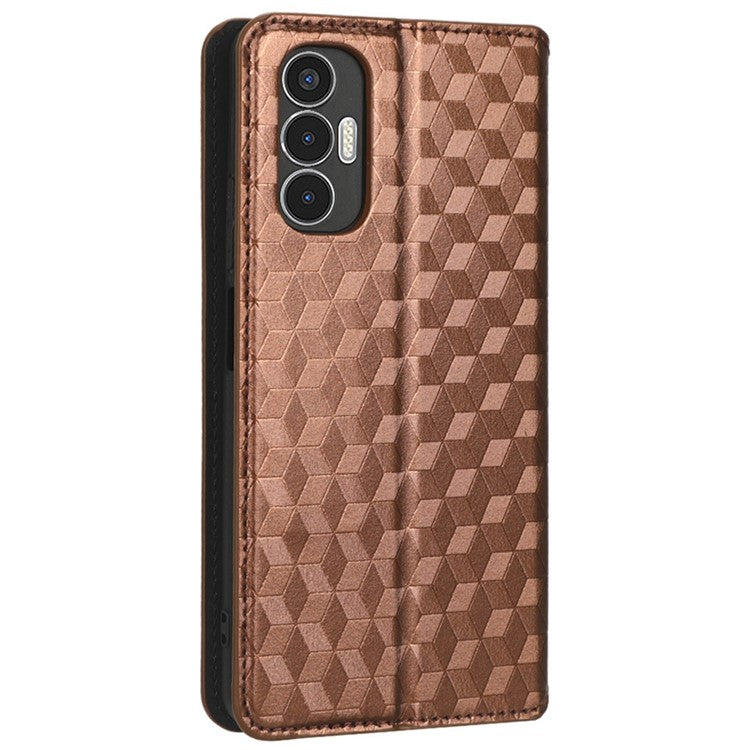 For TECNO Pova 3 4G LF7n Case Imprinting Rhombus Wallet PU Leather Stand Full Protection Phone Cover - Brown