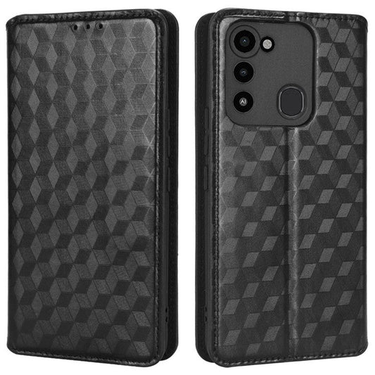For TECNO Spark 8C 4G / Spark Go 2022 4G KG5 Case Imprinting Rhombus Pattern PU Leather Phone Stand - Black