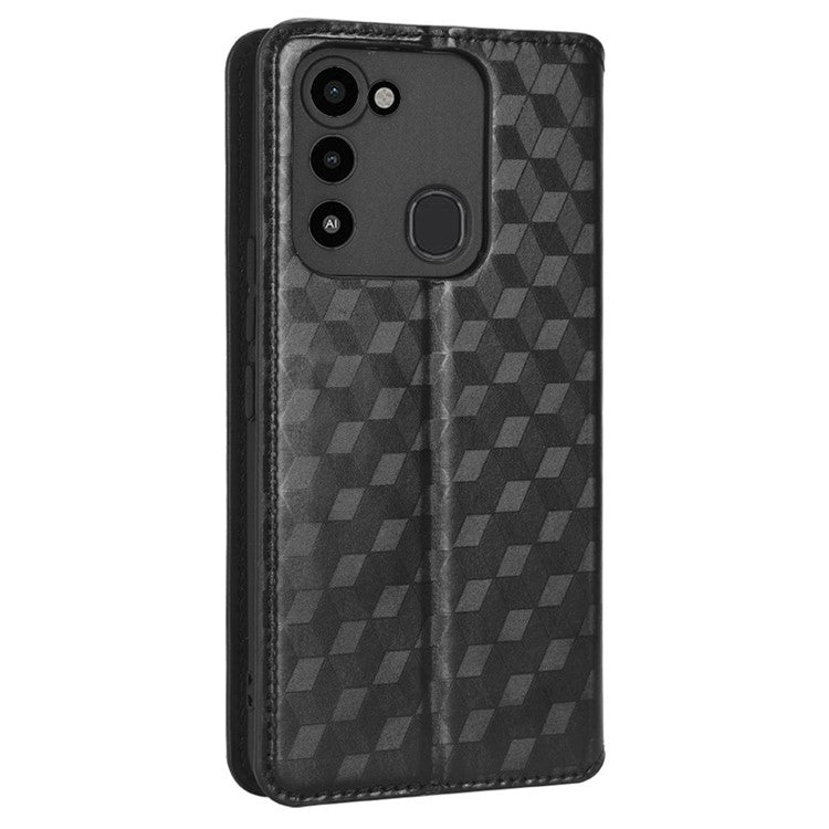 For TECNO Spark 8C 4G / Spark Go 2022 4G KG5 Case Imprinting Rhombus Pattern PU Leather Phone Stand - Black