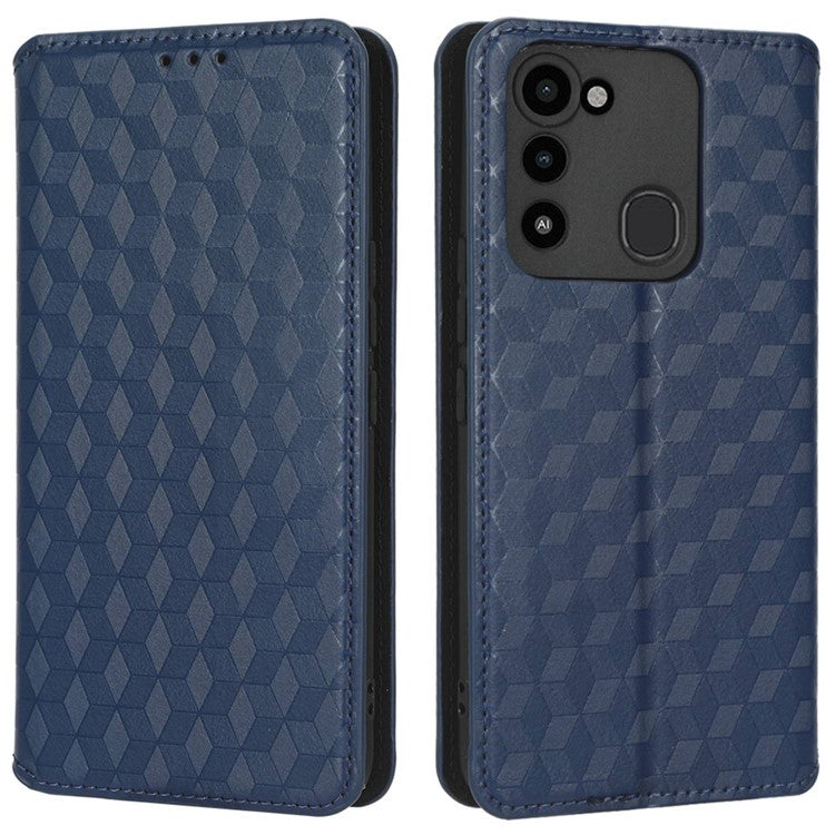 For TECNO Spark 8C 4G / Spark Go 2022 4G KG5 Case Imprinting Rhombus Pattern PU Leather Phone Stand  - Blue