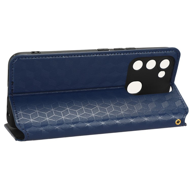 For TECNO Spark 8C 4G / Spark Go 2022 4G KG5 Case Imprinting Rhombus Pattern PU Leather Phone Stand  - Blue