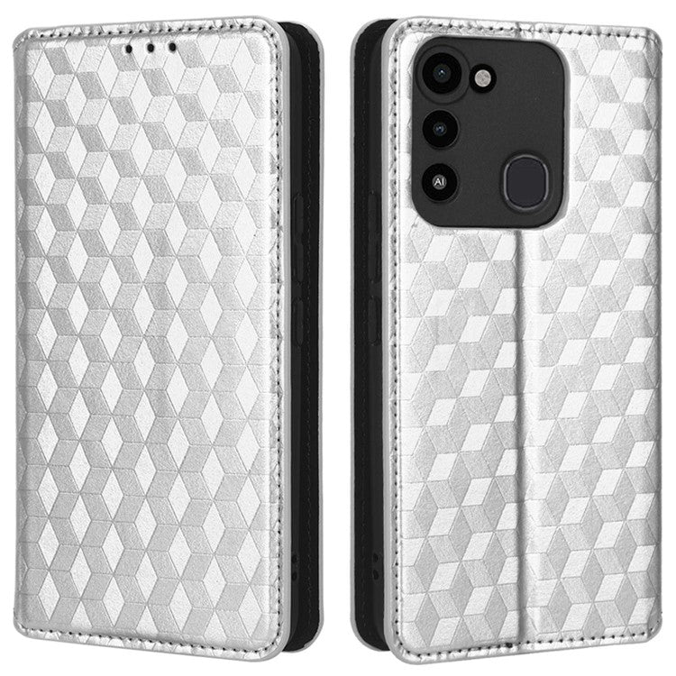 For TECNO Spark 8C 4G / Spark Go 2022 4G KG5 Case Imprinting Rhombus Pattern PU Leather Phone Stand  - Silver