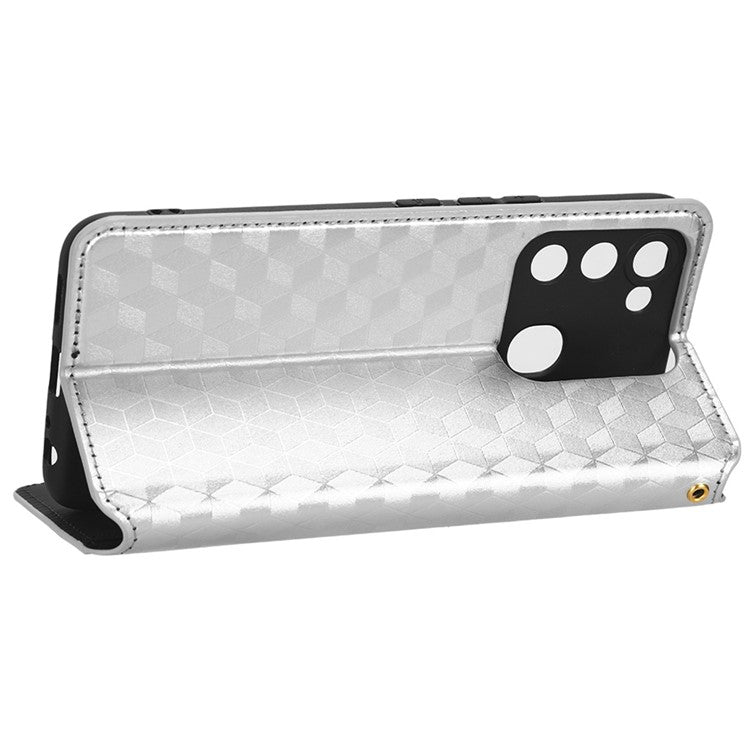 For TECNO Spark 8C 4G / Spark Go 2022 4G KG5 Case Imprinting Rhombus Pattern PU Leather Phone Stand  - Silver