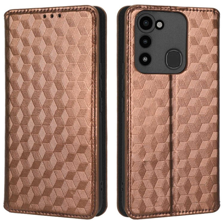 For TECNO Spark 8C 4G / Spark Go 2022 4G KG5 Case Imprinting Rhombus Pattern PU Leather Phone Stand  - Brown