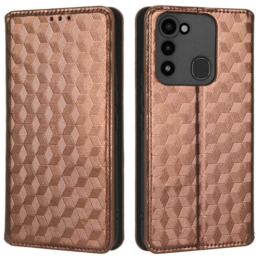 For TECNO Spark 8C 4G / Spark Go 2022 4G KG5 Case Imprinting Rhombus Pattern PU Leather Phone Stand  - Brown