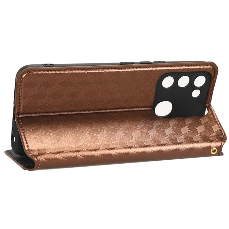 For TECNO Spark 8C 4G / Spark Go 2022 4G KG5 Case Imprinting Rhombus Pattern PU Leather Phone Stand  - Brown