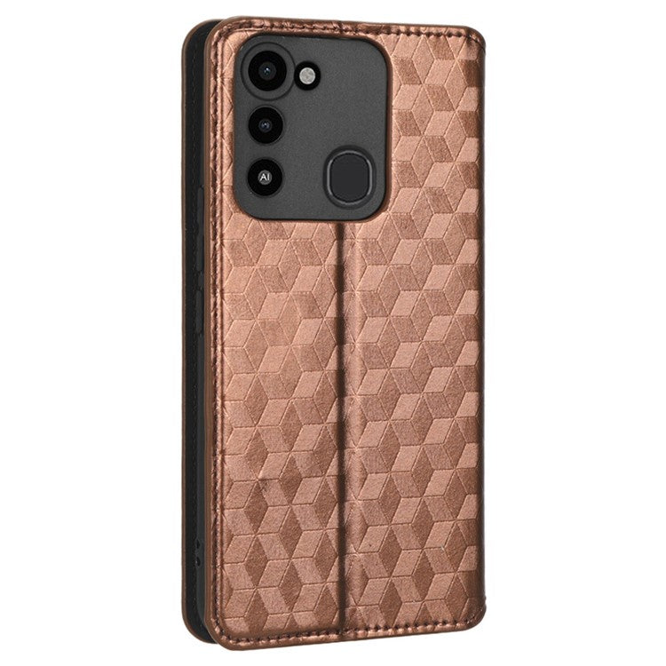 For TECNO Spark 8C 4G / Spark Go 2022 4G KG5 Case Imprinting Rhombus Pattern PU Leather Phone Stand  - Brown