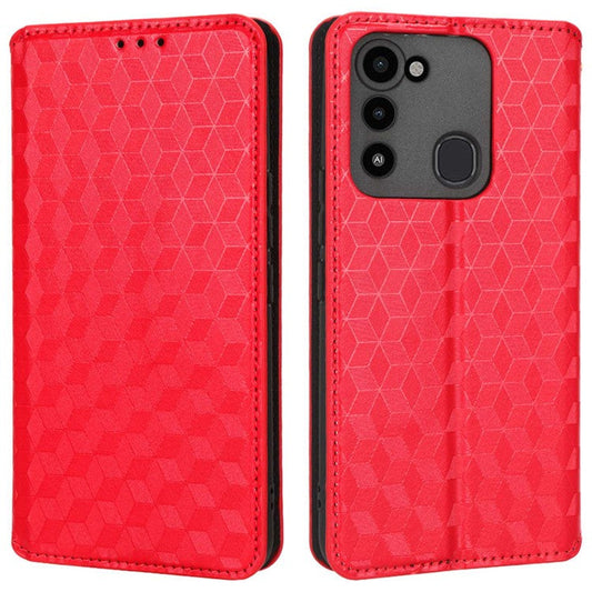 For TECNO Spark 8C 4G / Spark Go 2022 4G KG5 Case Imprinting Rhombus Pattern PU Leather Phone Stand  - Red