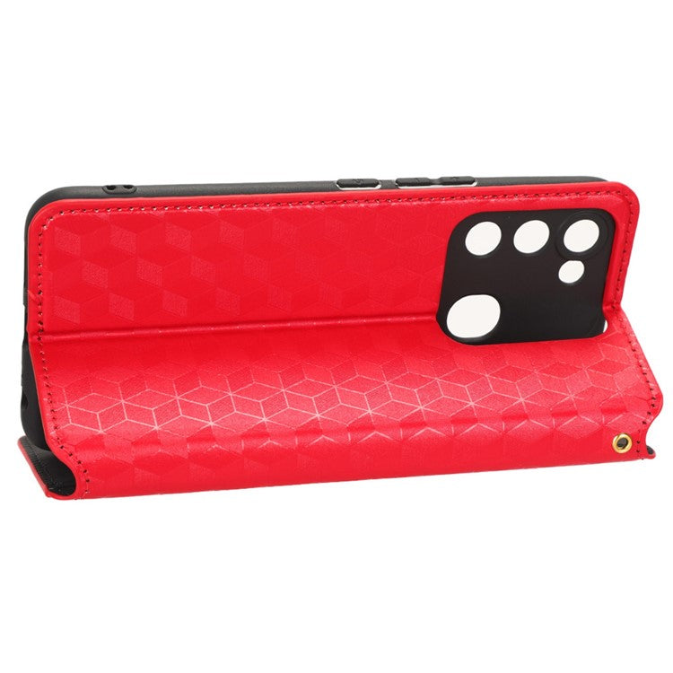 For TECNO Spark 8C 4G / Spark Go 2022 4G KG5 Case Imprinting Rhombus Pattern PU Leather Phone Stand  - Red