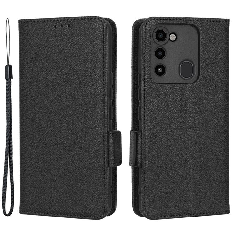 For TECNO Spark 8C 4G / Spark Go 2022 KG5 Case Litchi Texture Phone Cover PU Leather Wallet Stand - Black