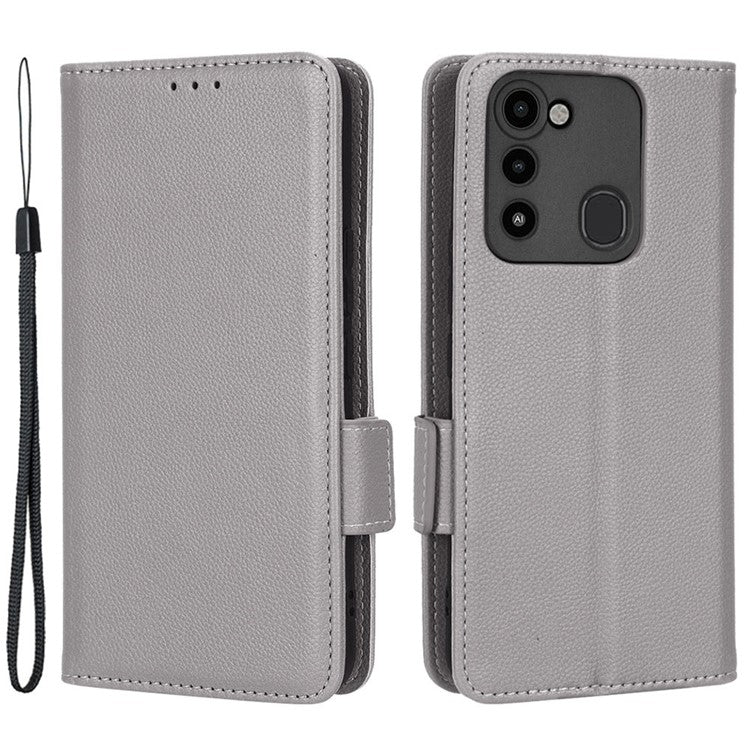 For TECNO Spark 8C 4G / Spark Go 2022 KG5 Case Litchi Texture Phone Cover PU Leather Wallet Stand - Grey
