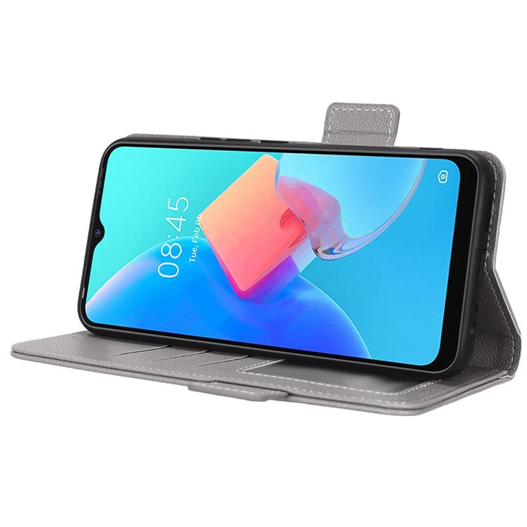 For TECNO Spark 8C 4G / Spark Go 2022 KG5 Case Litchi Texture Phone Cover PU Leather Wallet Stand - Grey