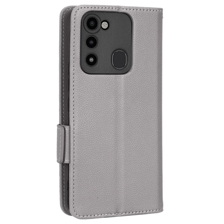 For TECNO Spark 8C 4G / Spark Go 2022 KG5 Case Litchi Texture Phone Cover PU Leather Wallet Stand - Grey