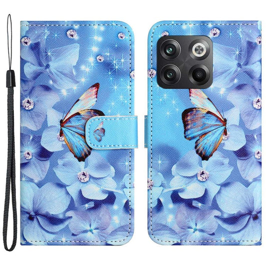 For OnePlus 10T 5G / Ace Pro 5G Adjustable Stand Cross Texture Phone Cover PU Leather 3D Pattern Printing Wallet Style Case with Strap - Flower and Butterfly