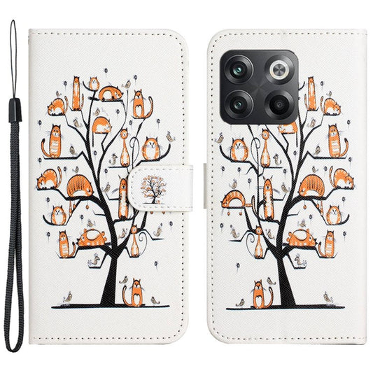 For OnePlus 10T 5G / Ace Pro 5G Adjustable Stand Cross Texture Phone Cover PU Leather 3D Pattern Printing Wallet Style Case with Strap - Cat and Tree