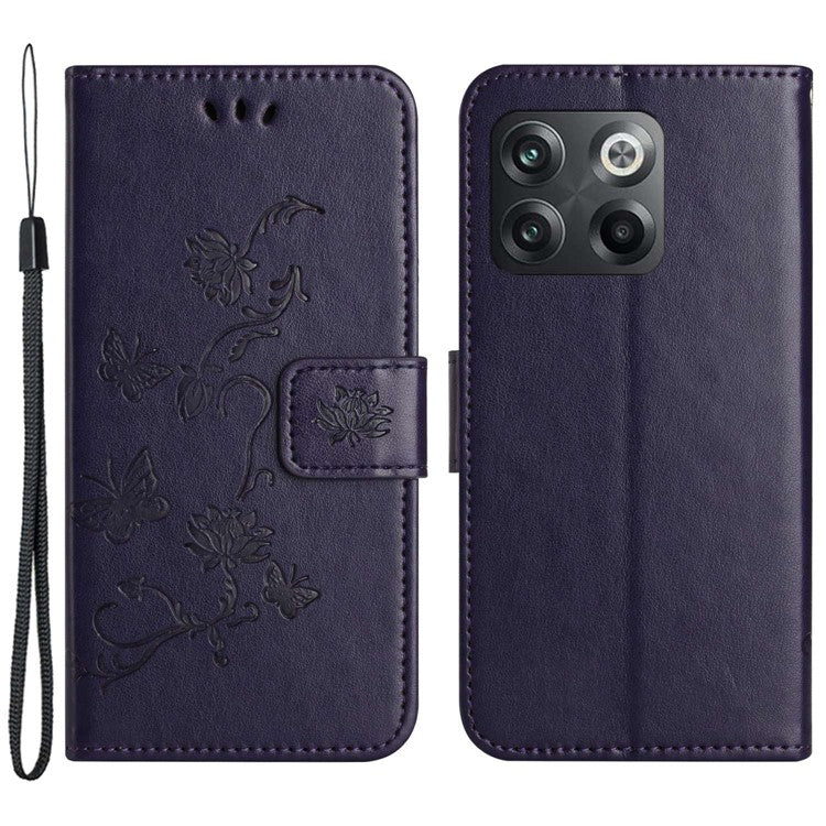For OnePlus 10T 5G / Ace Pro 5G Butterfly Flower Imprinted Phone Case PU Leather Wallet Cover Stand Shockproof Phone Shell with Strap - Dark Purple