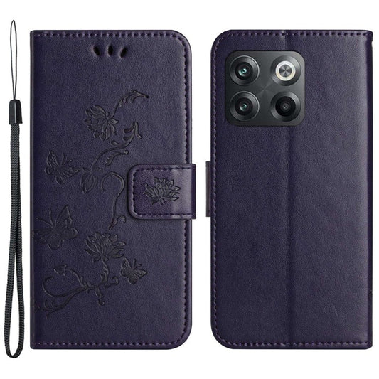 For OnePlus 10T 5G / Ace Pro 5G Butterfly Flower Imprinted Phone Case PU Leather Wallet Cover Stand Shockproof Phone Shell with Strap - Dark Purple