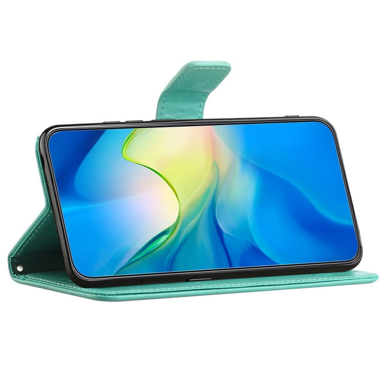 For OnePlus 10T 5G / Ace Pro 5G Butterfly Flower Imprinted Phone Case PU Leather Wallet Cover Stand Shockproof Phone Shell with Strap - Cyan