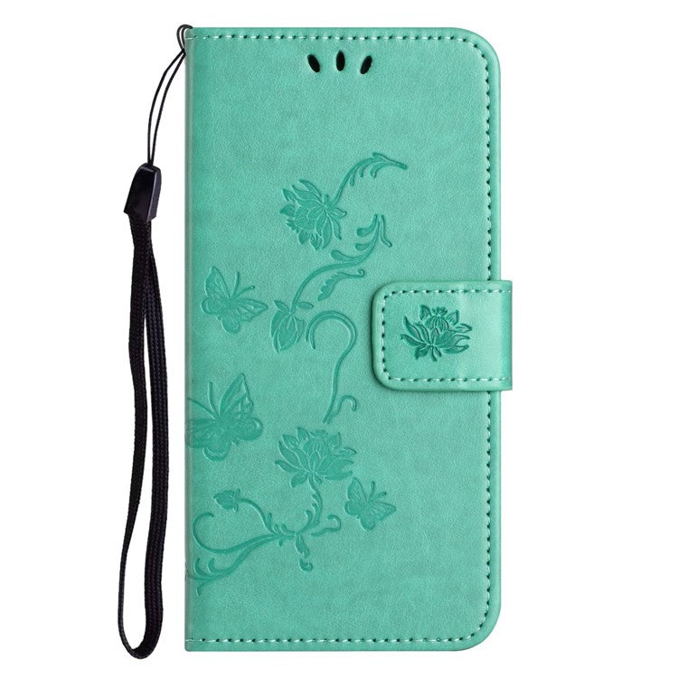 For OnePlus 10T 5G / Ace Pro 5G Butterfly Flower Imprinted Phone Case PU Leather Wallet Cover Stand Shockproof Phone Shell with Strap - Cyan