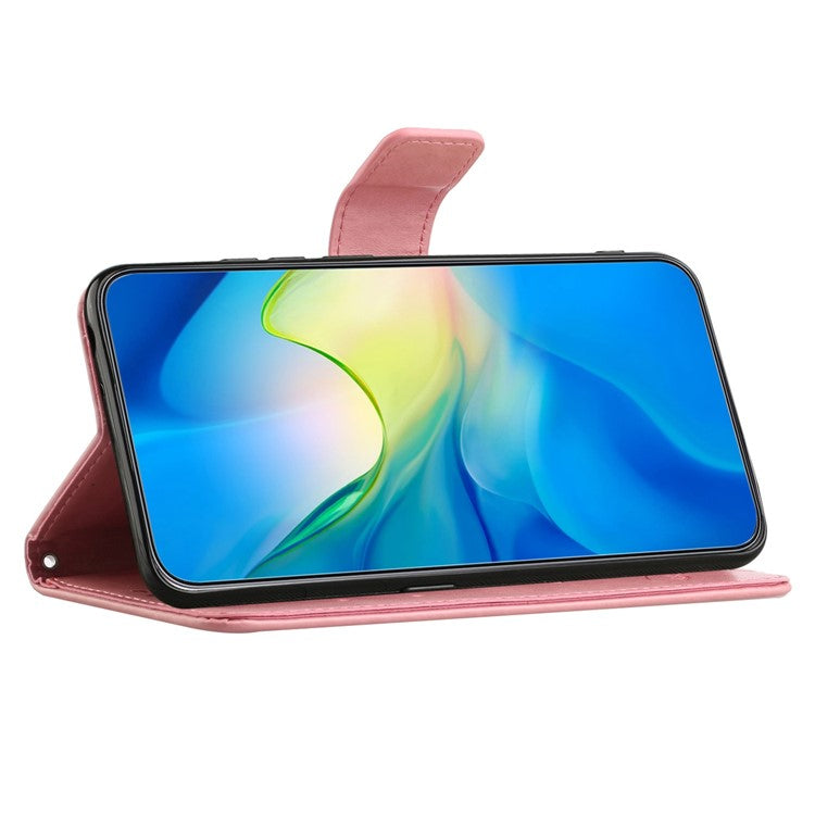 For OnePlus 10T 5G / Ace Pro 5G Butterfly Flower Imprinted Phone Case PU Leather Wallet Cover Stand Shockproof Phone Shell with Strap - Pink