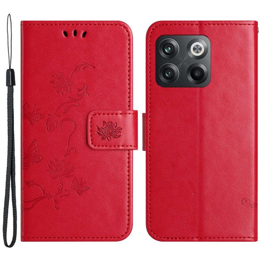 For OnePlus 10T 5G / Ace Pro 5G Butterfly Flower Imprinted Phone Case PU Leather Wallet Cover Stand Shockproof Phone Shell with Strap - Red