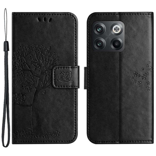 For OnePlus 10T 5G / Ace Pro 5G Drop-proof PU Leather Phone Case Imprinted Owl Tree Pattern Wallet Stand Protective Shell with Wrist Strap - Black