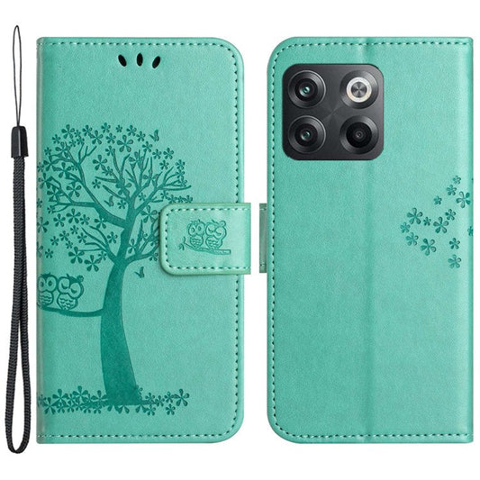 For OnePlus 10T 5G / Ace Pro 5G Drop-proof PU Leather Phone Case Imprinted Owl Tree Pattern Wallet Stand Protective Shell with Wrist Strap - Cyan