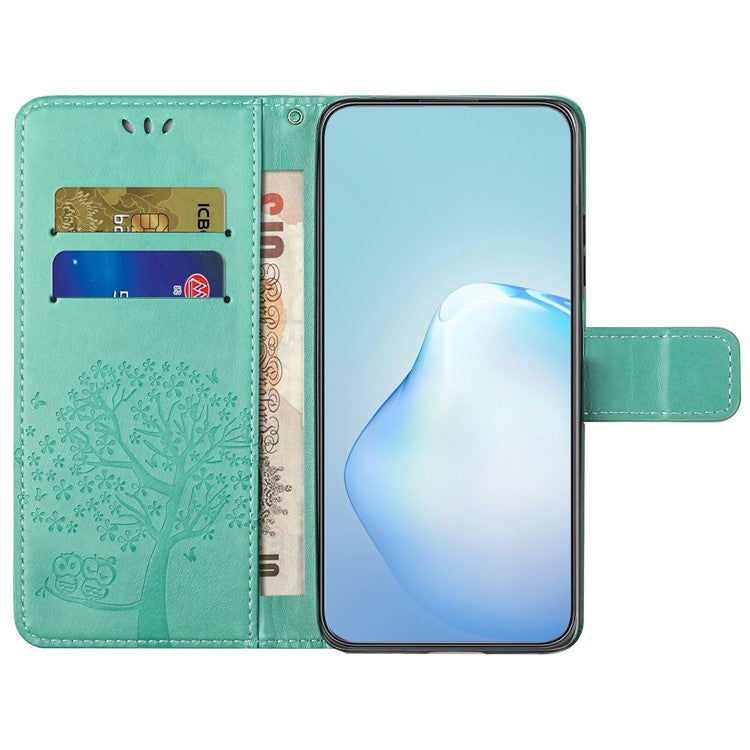 For OnePlus 10T 5G / Ace Pro 5G Drop-proof PU Leather Phone Case Imprinted Owl Tree Pattern Wallet Stand Protective Shell with Wrist Strap - Cyan