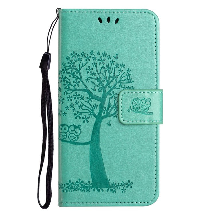 For OnePlus 10T 5G / Ace Pro 5G Drop-proof PU Leather Phone Case Imprinted Owl Tree Pattern Wallet Stand Protective Shell with Wrist Strap - Cyan