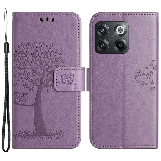 For OnePlus 10T 5G / Ace Pro 5G Drop-proof PU Leather Phone Case Imprinted Owl Tree Pattern Wallet Stand Protective Shell with Wrist Strap - Purple