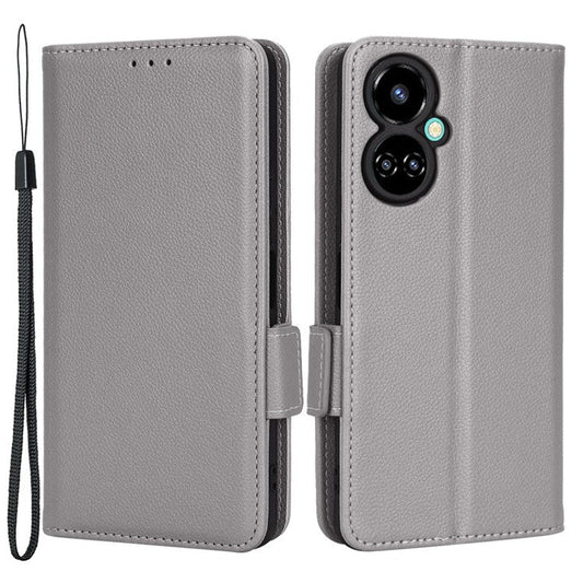 Litchi Texture Phone Cover for TECNO Camon 19 Pro 4G / 5G, Anti-Collision PU Leather Dual Magnetic Clasp Phone Wallet Stand Case - Grey