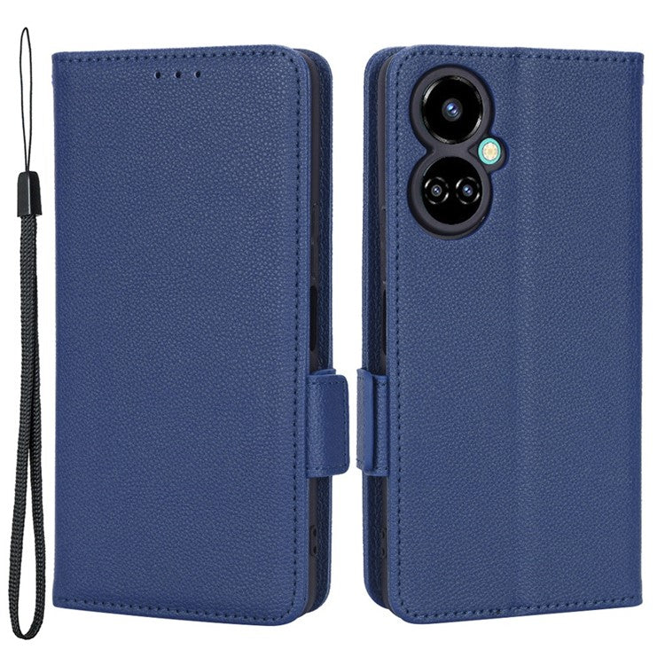 Litchi Texture Phone Cover for TECNO Camon 19 Pro 4G / 5G, Anti-Collision PU Leather Dual Magnetic Clasp Phone Wallet Stand Case - Dark Blue
