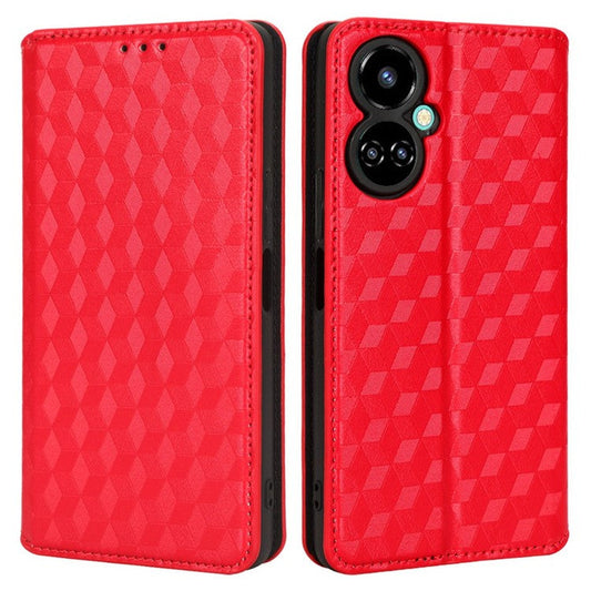Flip Wallet Cover for TECNO Camon 19 Pro 4G / 5G, Impact Resistant PU Leather Stand Imprinting Rhombus Pattern Phone Case - Red