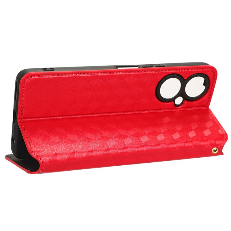 Flip Wallet Cover for TECNO Camon 19 Pro 4G / 5G, Impact Resistant PU Leather Stand Imprinting Rhombus Pattern Phone Case - Red